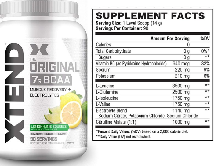 BCAA 보충제 제품 라벨 및 영양 정보 : XTEND THE ORIGINAL 7G BCAA MUSCLE RECOVERY + ELECTROLYTES