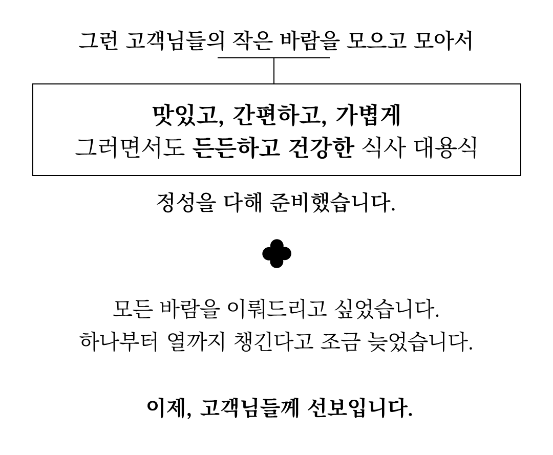 고객에 대한 감사와 존중의 메시지 : 그런 고객님들의 작은 바람을 모으고 모아서 맛있고, 간편하고, 가볍게 그러면서도 든든하고 건강한 식사 대용식 정성을 다해 준비했습니다. 모든 바람을 이뤄드리고 싶었습니다. 하나부터 열까지 챙긴다고 조금 늦었습니다. 이제, 고객님들께 선보입니다.