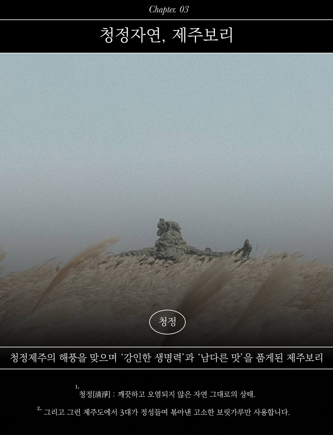 제주도의 청정자연과 제주보리에 대한 책의 한 장 : Chapter 03 청정자연, 제주보리 청정 청정제주의 해풍을 맞으며 '강인한 생명력'과 '남다른 맛'을 품게된 제주보리