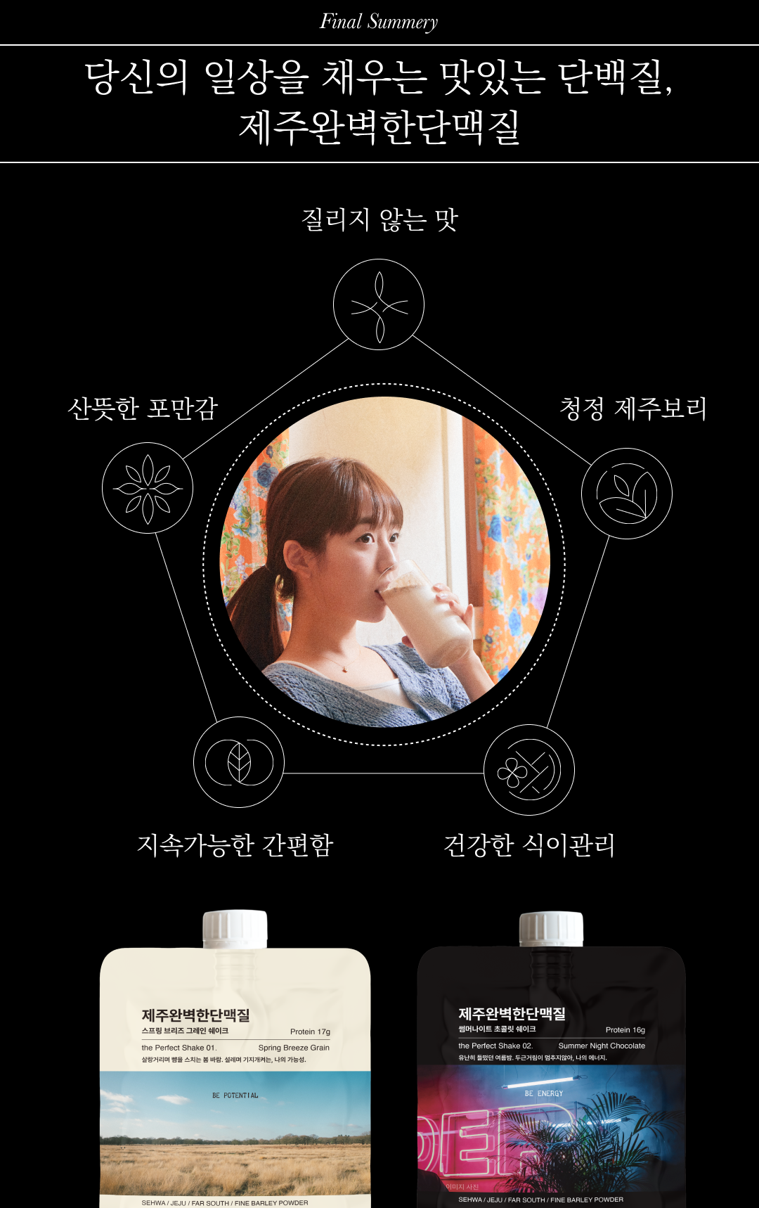 제주완벽한단백질 제품 광고 이미지 : Final Summery 당신의 일상을 채우는 맛있는 단백질, 제주완벽한단백질