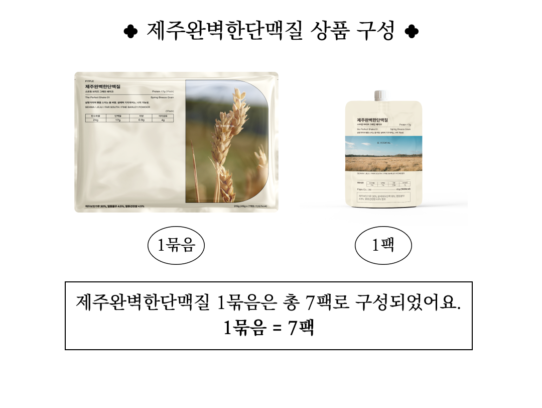 제주완벽한단맥질 상품 구성 안내 : 제주완벽한단맥질 상품 구성 1묶음은 총 7팩로 구성되었어요. 1묶음 = 7팩