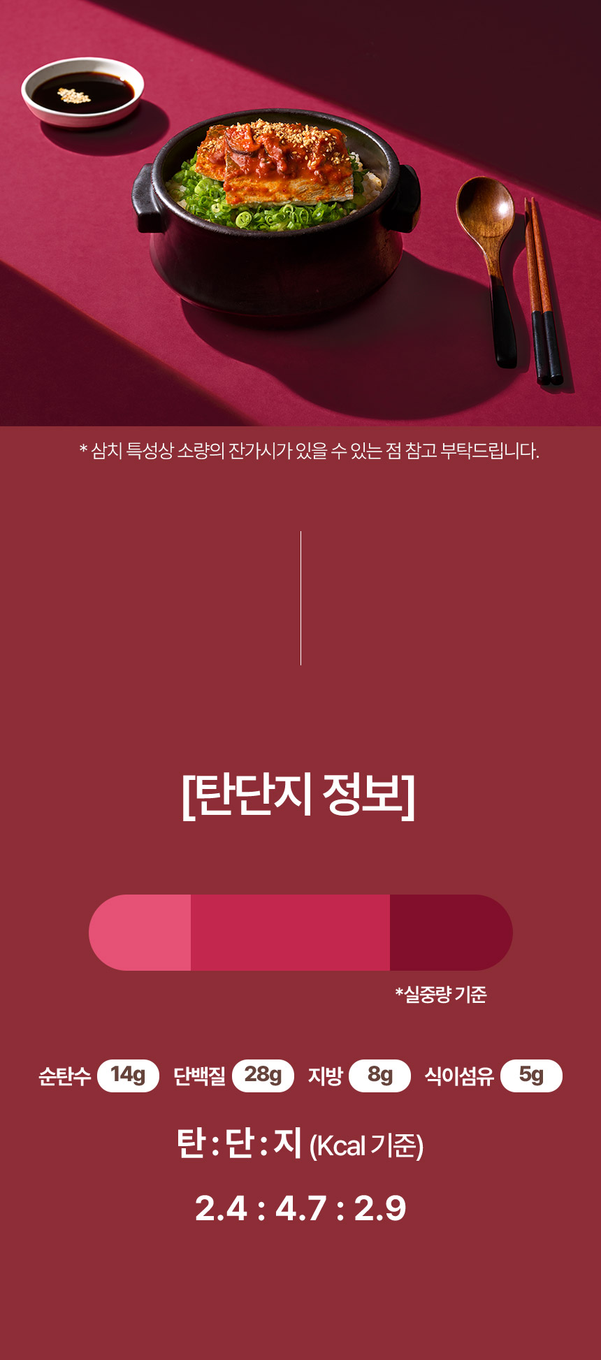 탄단지 정보가 포함된 한식 요리 이미지 : * 삼치 특성상 소량의 전가시가 있을 수 있는 점 참고 부탁드립니다. [탄단지 정보]