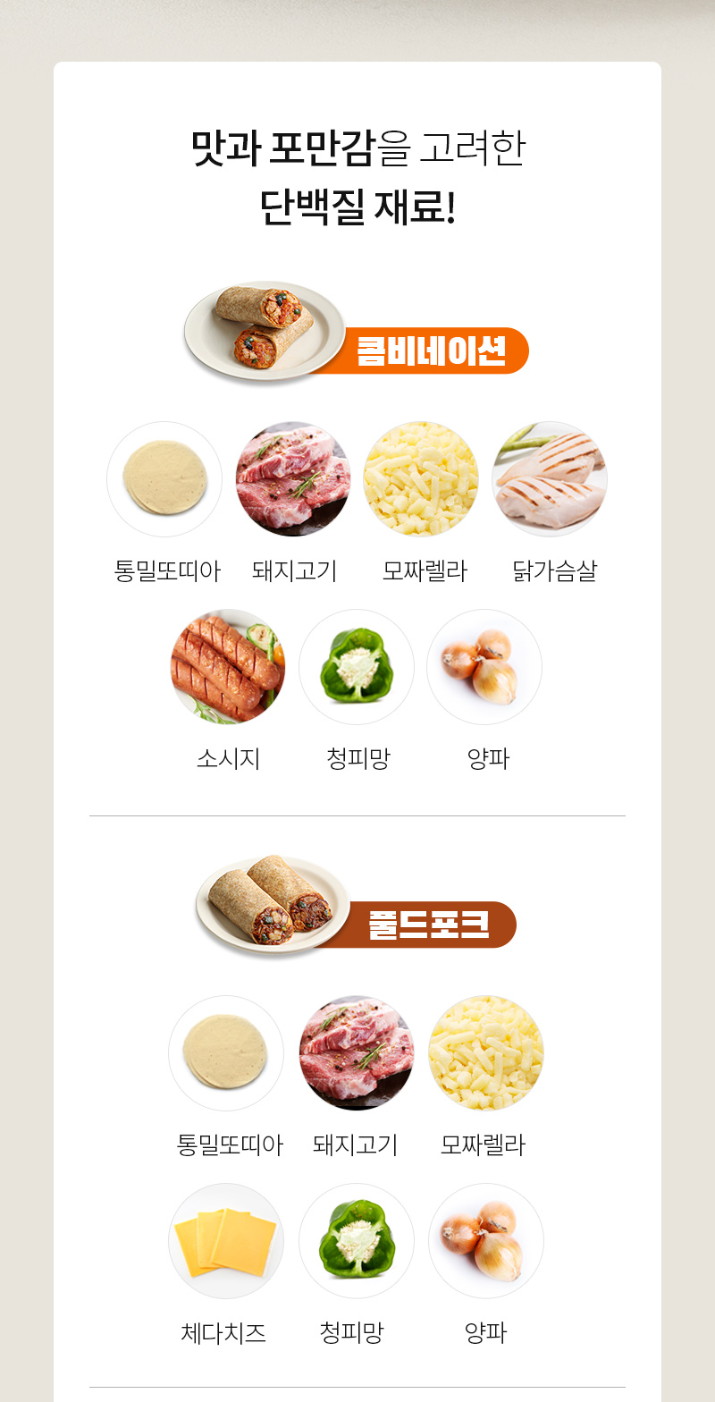 맛과 포만감을 고려한 단백질 재료 비교 : 맛과 포만감을 고려한 단백질 재료! 롤비네이션 통밀또띠아 닭가슴살 모짜렐라 닭가슴살 소시지 청피망 양파 롤프레소 통밀또띠아 닭가슴살 모짜렐라 체다치즈 청피망 양파