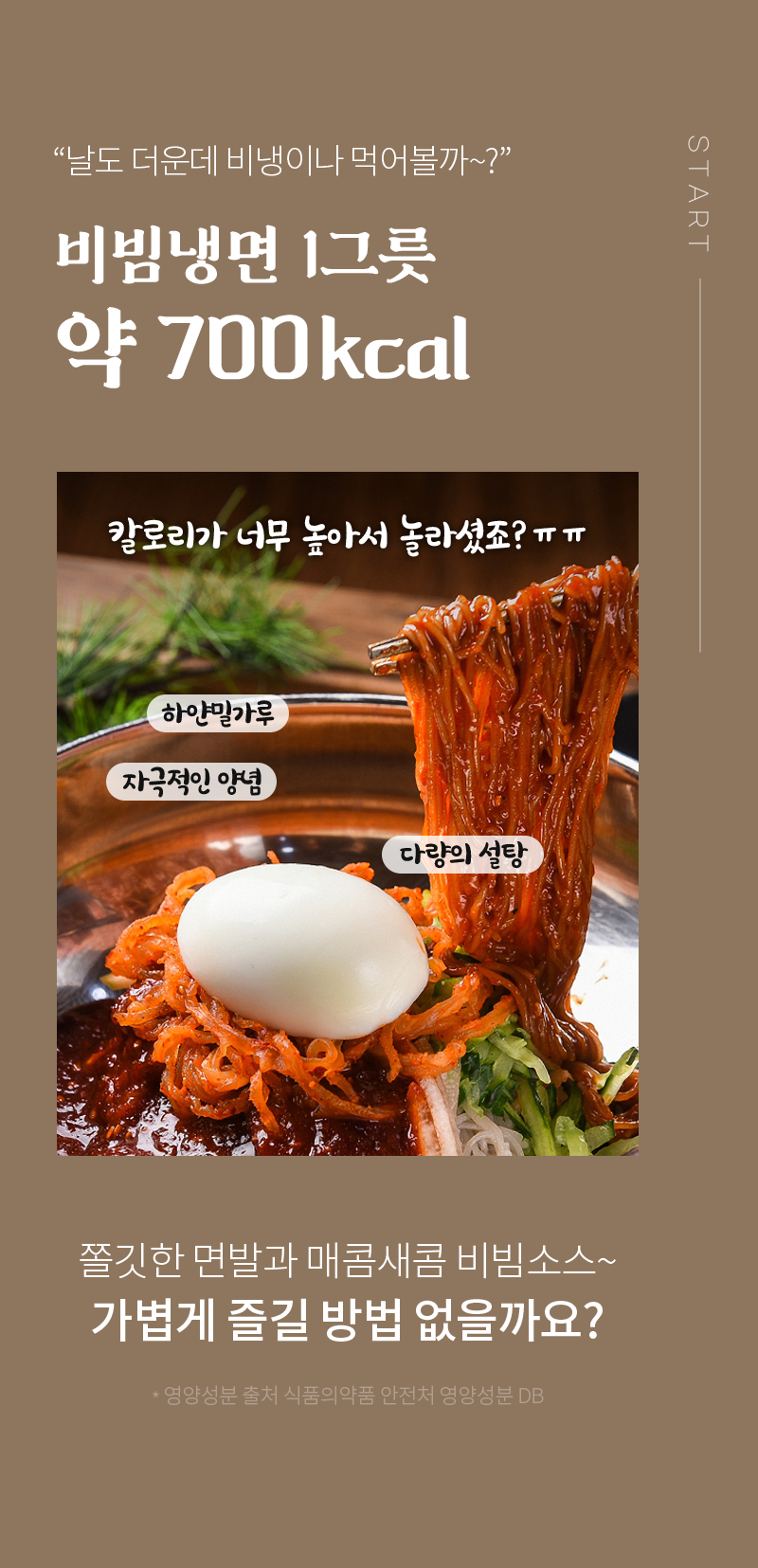 비빔냉면 1그릇의 칼로리와 영양 정보를 보여주는 이미지 : 비빔냉면 1그릇 약 700kcal 가볍게 즐길 방법 없을까요?