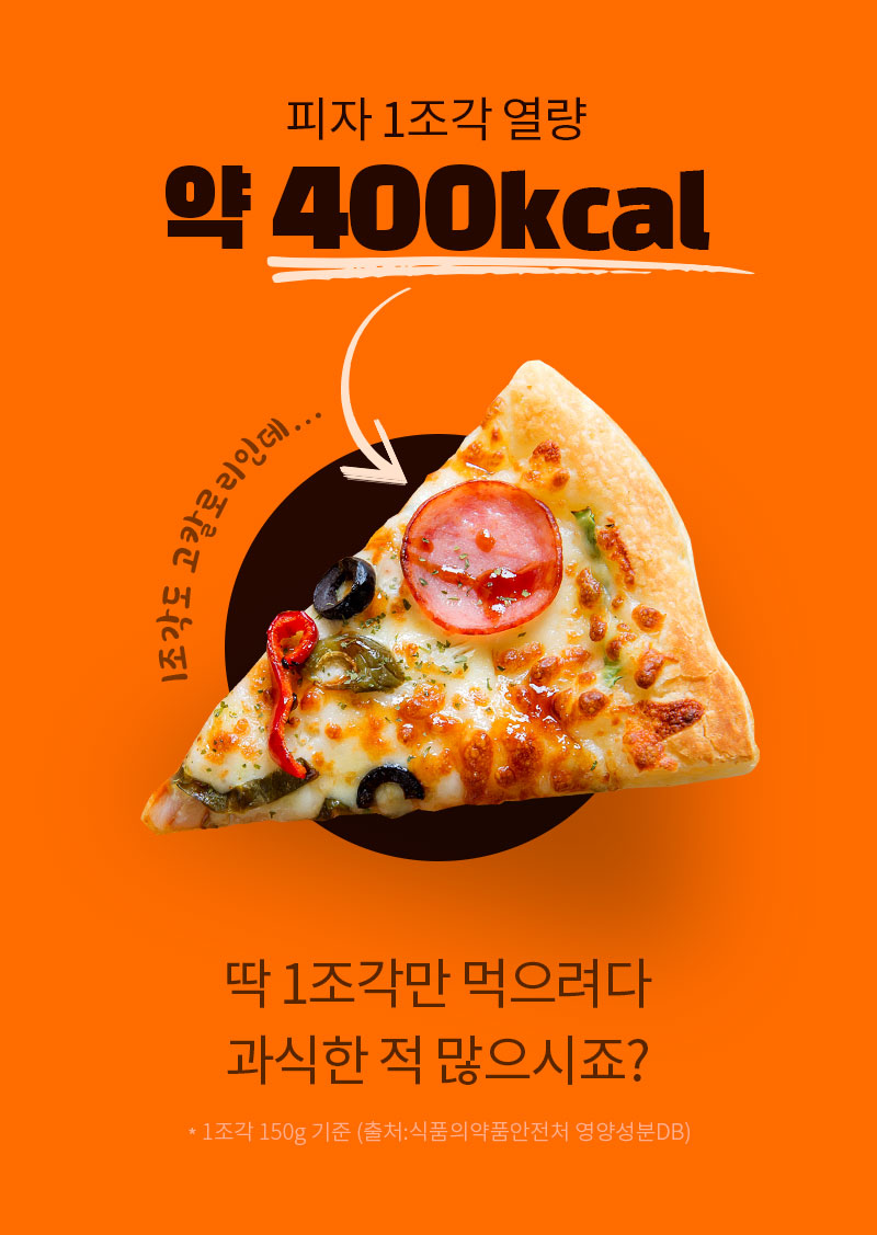 피자 한 조각의 높은 칼로리를 경고하는 이미지 : 피자 1조각 열량 약 400kcal 딱 1조각만 먹으려다 과식한 적 많으시죠?