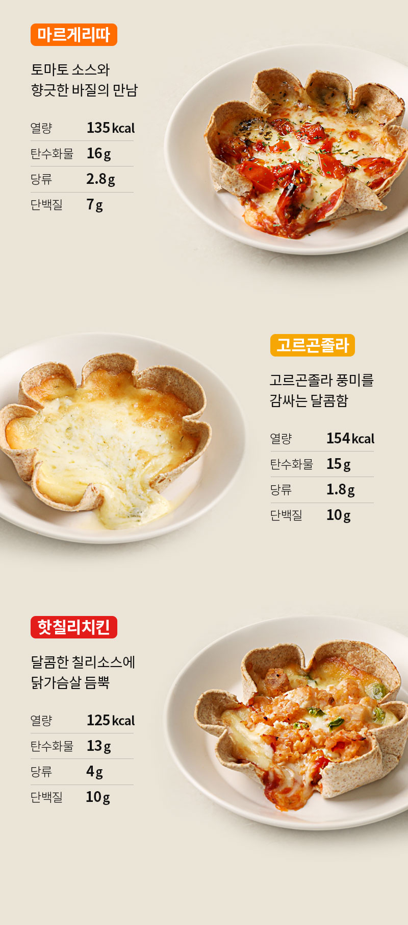 다양한 맛의 바질 모양 빵 요리와 영양 정보 : 마르게리따 고르곤졸라 핫칠리치킨 토마토 소스와 향긋한 바질의 만남