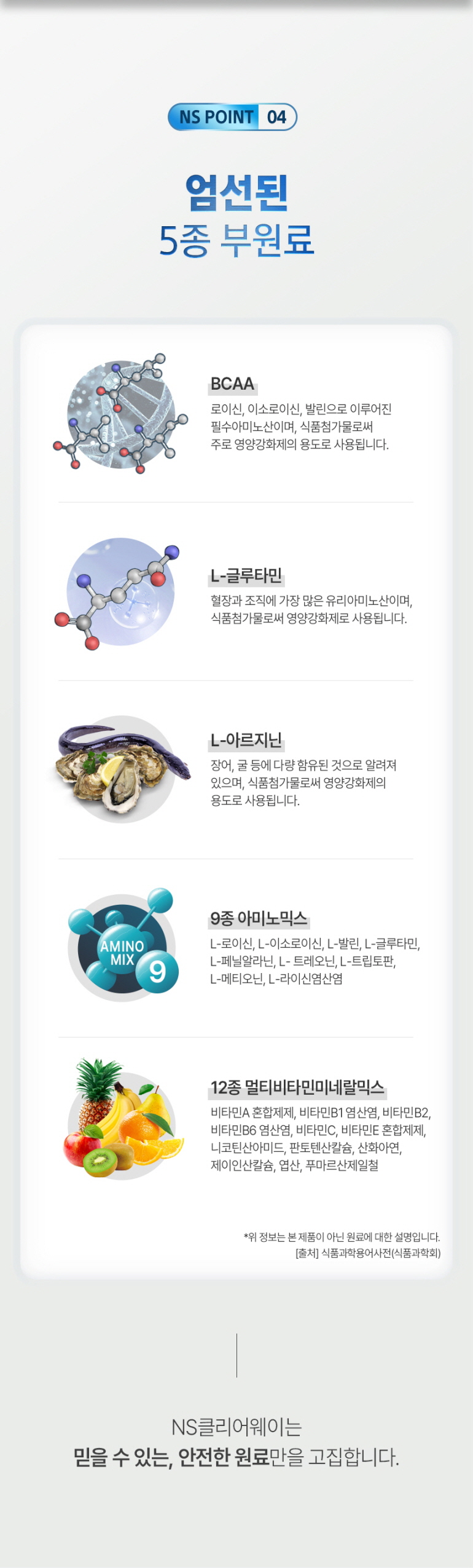 엄선된 5종 부원료 소개 이미지 : NS POINT 04 엄선된 5종 부원료 BCAA L-글루타민 L-아르지닌 9종 아미노믹스 12종 멀티비타민미네랄믹스