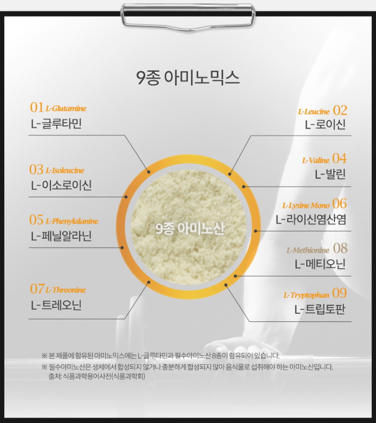 9종 아미노산 성분 설명 이미지 : 9종 아미노믹스 L-글루타민 L-로이신 L-이소로이신 L-발린 L-페닐알라닌 L-라이신염산염 L-트레오닌 L-메티오닌 L-트립토판