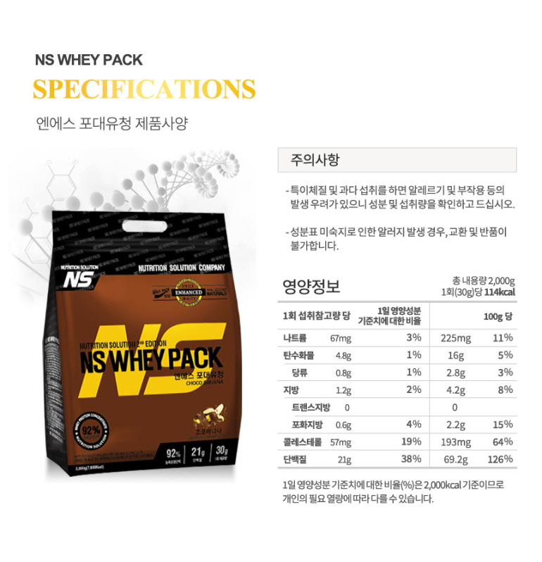 NS 웨이 팩 단백질 보충제 제품 사양 및 영양 정보 : NS WHEY PACK SPECIFICATIONS 엔에스 포대유청 제품사양
