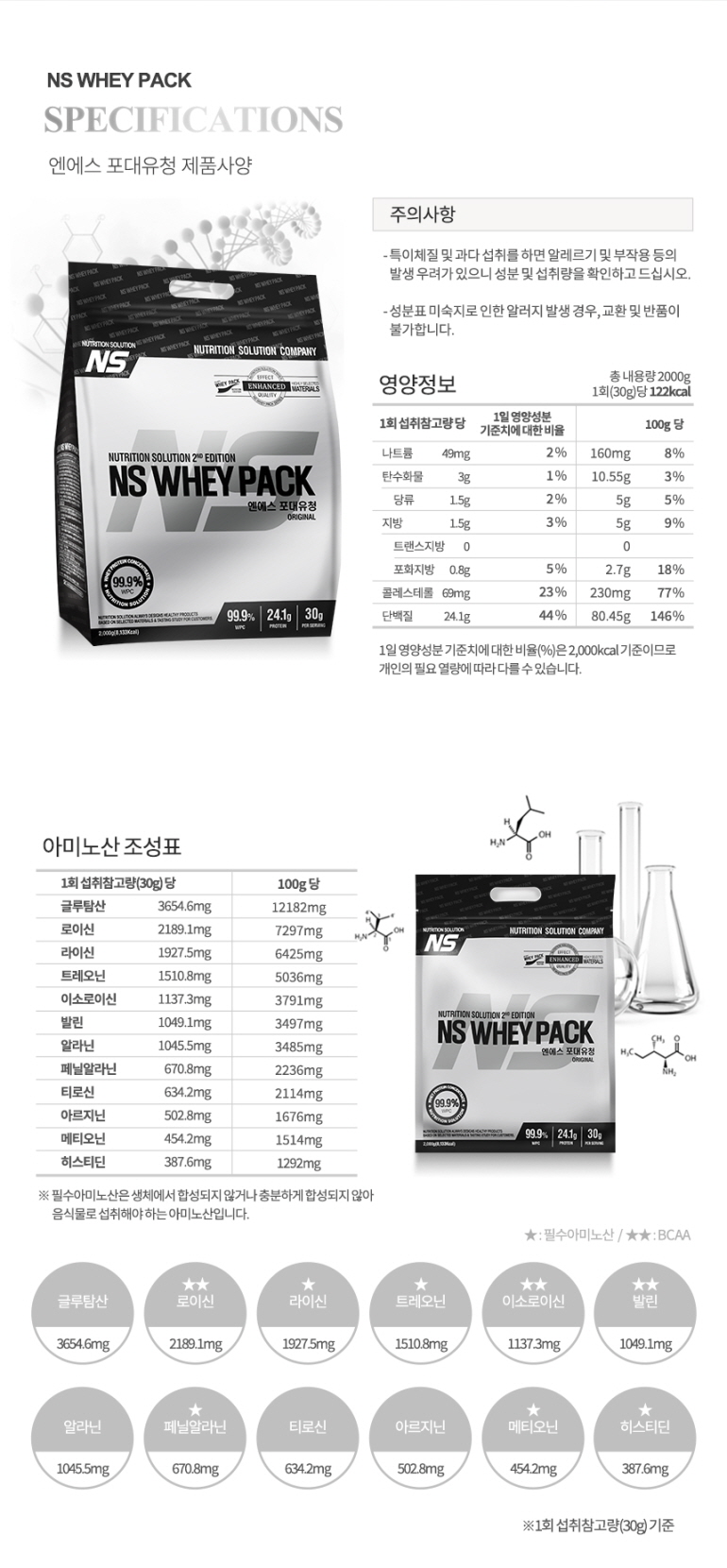 NS 웨이 팩 단백질 보충제 제품 사양 및 영양 정보 : NS WHEY PACK SPECIFICATIONS 엔에스 포대유청 제품사양