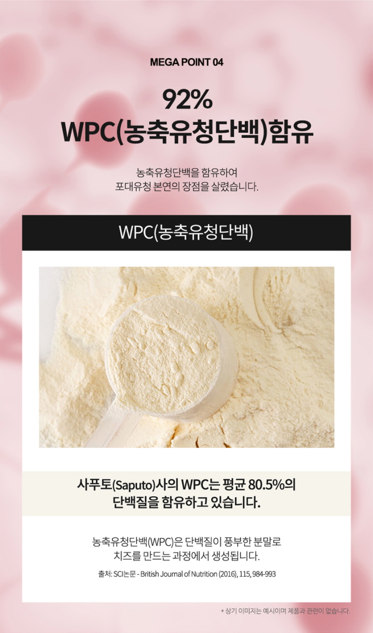 WPC(농축유청단백) 함유량 92% 설명 이미지 : MEGA POINT 04 92% WPC(농축유청단백)함유 농축유청단백을 함유하여 포대유청 본연의 장점을 살렸습니다. WPC(농축유청단백) 사푸토(Saputo)사의 WPC는 평균 80.5%의 단백질을 함유하고 있습니다.