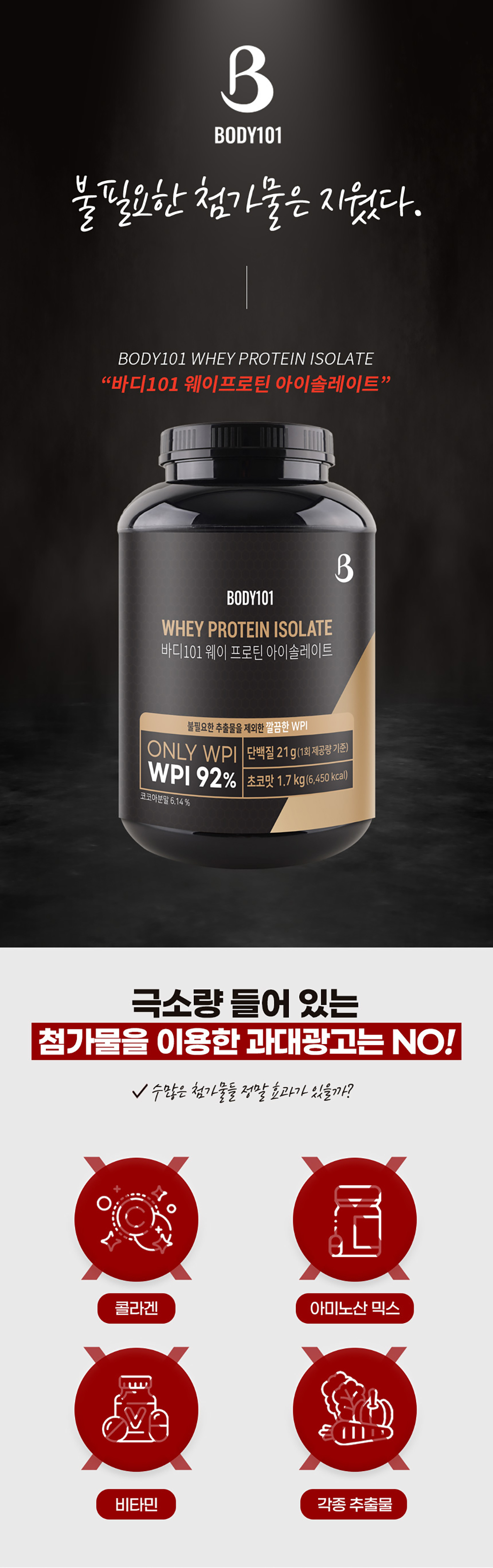 바디101 웨이 프로틴 아이솔레이트 제품 광고 : BODY101 불편함한 점검가능은 지났다. WHEY PROTEIN ISOLATE 극소량 들어 있는 첨가물을 이용한 과대광고는 NO!